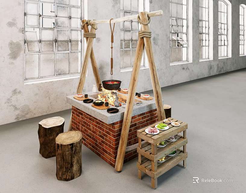 Traditional Hotpot Restaurant With Brick Stove Wooden Frame Log Stools Ingredients Shelf And Industrial Windows 3d model 