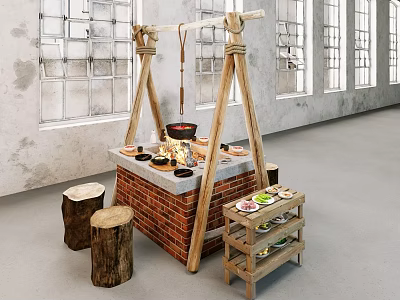 Traditional Hotpot Restaurant With Brick Stove Wooden Frame Log Stools Ingredients Shelf And Industrial Windows 3d model