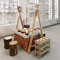 Traditional Hotpot Restaurant With Brick Stove Wooden Frame Log Stools Ingredients Shelf And Industrial Windows