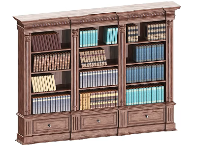 Classic Wooden Bookcase With Multiple Shelves Colorful Books And Drawers 3d model