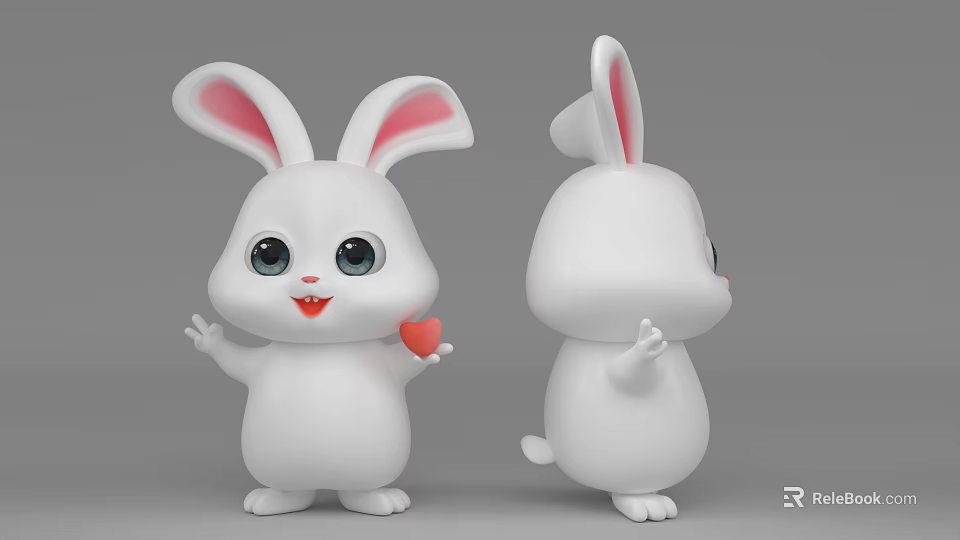 Cute White Rabbit Doll With Big Eyes Pink Ears Red Heart Front Back View 3d model 