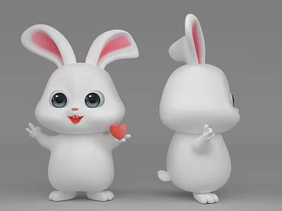 Cute White Rabbit Doll With Big Eyes Pink Ears Red Heart Front Back View 3d model