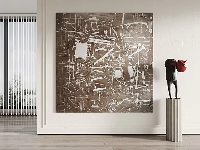 Abstract Painting With Geometric Lines In Modern Interior Space With Sculpture Decor 3d model