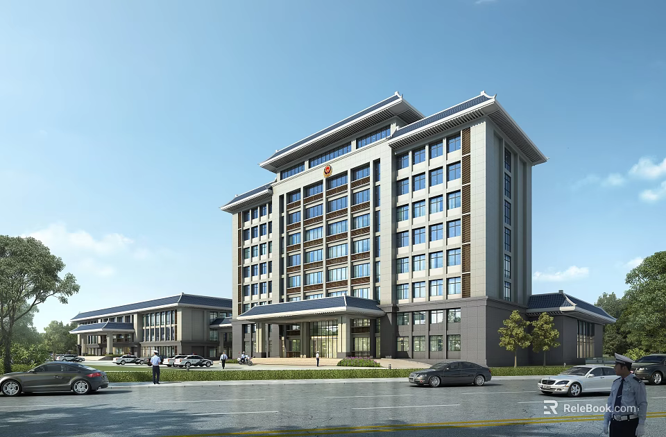 Modern Multi Storey Office Building With Glass Curtain Walls Front Parking And Landscaping 3d model 