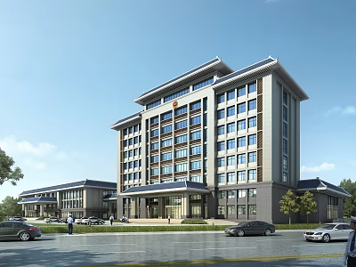 Modern Multi Storey Office Building With Glass Curtain Walls Front Parking And Landscaping 3d model