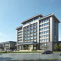 Modern Multi Storey Office Building With Glass Curtain Walls Front Parking And Landscaping