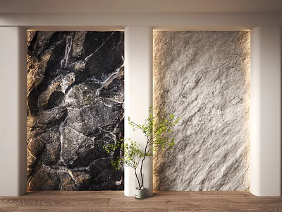 Textured Stone Background Wall With Dark And Light Patterns And Green Plant In White Planter 3d model