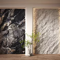 Textured Stone Background Wall With Dark And Light Patterns And Green Plant In White Planter
