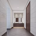 Modern Public Restroom Design With White Tile Walls Marble Washbasins Window And Glass Partitions