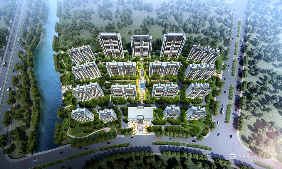 Aerial View Planning of Modern Residential Community with River Green Spaces and Road Network 3d model 