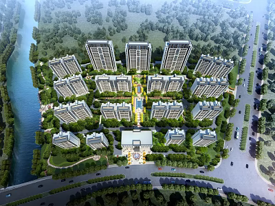 Aerial View Planning of Modern Residential Community with River Green Spaces and Road Network 3d model