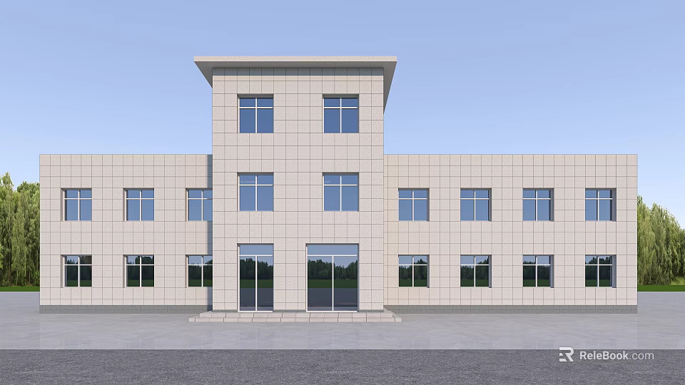 Modern Commercial Building Exterior With Light Colored Facade Glass Doors And Multiple Windows 3d model 