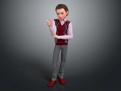 Young Boy Character In Red Vest White Shirt Gray Pants And Red Shoes Gesturing 3d model