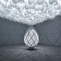 Diamond Shaped Art Installation In Modern Interior With Hanging White Ovals And Geometric Walls 3d model