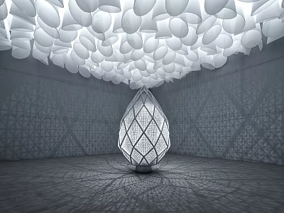 Diamond Shaped Art Installation In Modern Interior With Hanging White Ovals And Geometric Walls 3d model