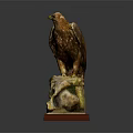 Detailed Eagle Sculpture Perched on Rock with Red Wooden Base Pedestal