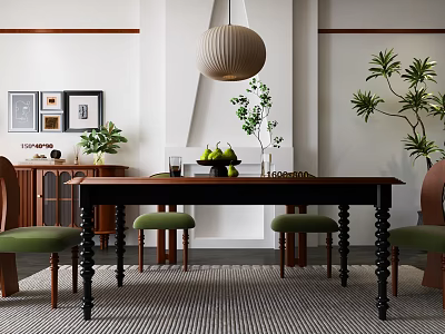 Dark Dining Table With Green Chairs In Modern Interior Featuring Pendant Lamp Plants And 3d model