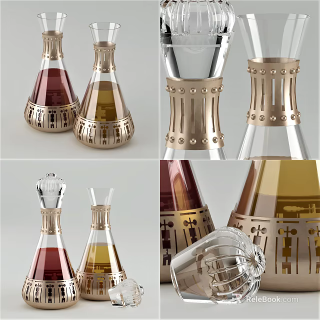 Stylish Decorative Ceramic Vessels with Gold Accents Transparent Sections Amber Burgundy Hues Elegant Carved Patterns 3d model 