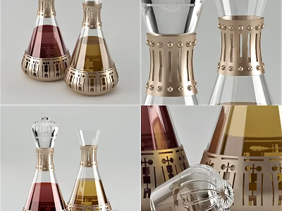 Stylish Decorative Ceramic Vessels with Gold Accents Transparent Sections Amber Burgundy Hues Elegant Carved Patterns 3d model