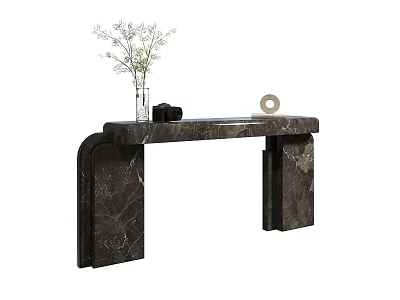 Dark Marble Console Table With Minimalist Design Vase Plant And Round Decor 3d model