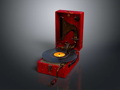 Vintage Red Phonograph with Black Turntable and Yellow Record as Classic Living Accessory 3d model