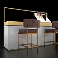 Modern Showcase Shelf With Golden Frame Gray Countertop Two Brown Bar Stools And Wine Bottles
