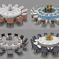 Stylish Round Dining Table Set Featuring Various Chairs Tableware And Decorative Centerpieces 3d model