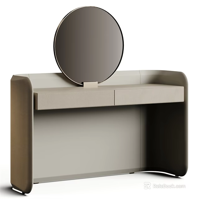 Elegant Modern Dressing Table With Round Mirror And Beige Storage Drawers 3d model 