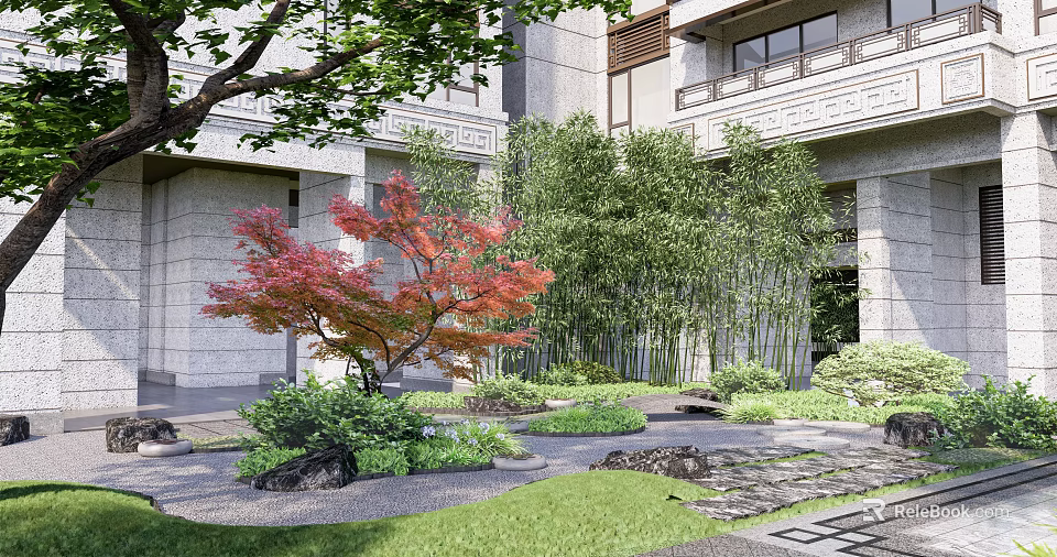 Residential Landscape Design With Red Maple Tree Bamboo Grove And Stone Pathway 3d model