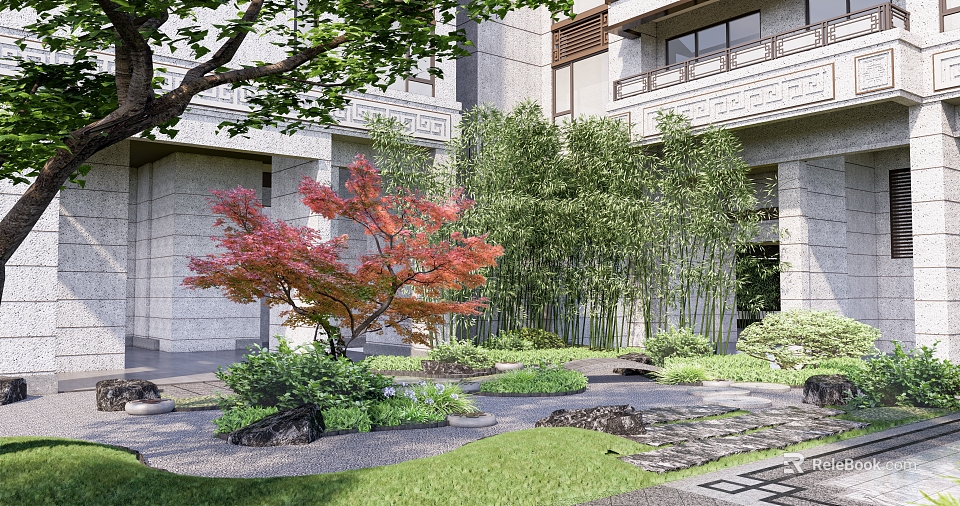 Residential Landscape Design With Red Maple Tree Bamboo Grove And Stone Pathway 3d model 