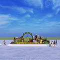 Decorative Flower Pots And Flower Beds In Plaza With Gear Decorations Blue Sky And Pedestrians