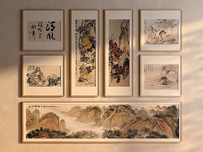Traditional Chinese Landscape Paintings Framed in Wooden Frames with Mountain Water Cloud Scenery 3d model