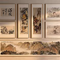 Traditional Chinese Landscape Paintings Framed in Wooden Frames with Mountain Water Cloud Scenery