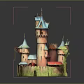 Cartoon Castle Scene With Blue Spire Brown Tower And Green Base