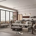 Modern Living And Dining Room Interior With Sofa Coffee Table Pendant Lights And Wooden Shutters