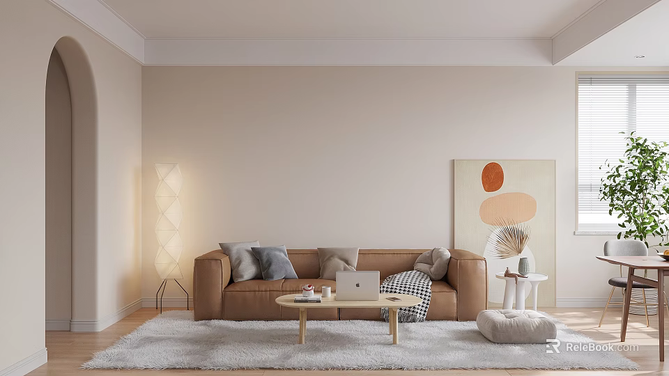 Soft Warm Cream Living Dining Room With Cozy Leather Sofa And Natural Wood Interior Design 3d model 