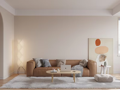 Soft Warm Cream Living Dining Room With Cozy Leather Sofa And Natural Wood Interior Design 3d model