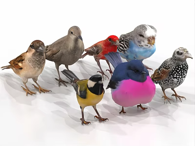 Colorful Flying Bird Plush Figures Of Various Species Standing On White Background 3d model