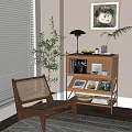 Wooden Entryway Cabinet Sideboard With Table Lamp Fruits Vase Magazines Plates And Rattan Chair