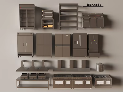 Modern Kitchen Equipment Collection Featuring Cabinets Refrigerators Shelves Range Hoods And Stovetops 3d model