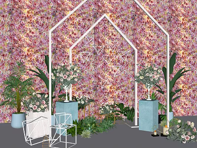 Floral Backdrop Decorative Scene With Geometric Arch Frame Green Plants And Flower Arrangements 3d model