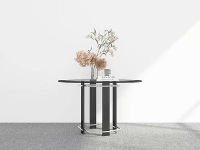 Modern Round Black Glass Top Dining Table with Flower Vase and Coffee Cup 3d model