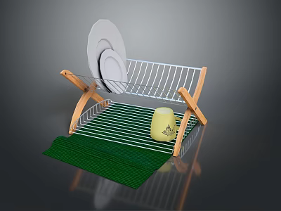 Practical Storage Rack with Wooden Legs Metal Frame Dishes and Yellow Container on Green Mat 3d model
