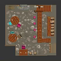 Cozy Café Interior With Stone Walls Staircase Tables Wooden Barrels Bookshelf And Colorful Chairs