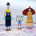Cartoon Family Characters On Beach Holding Tray With Colorful Outfits