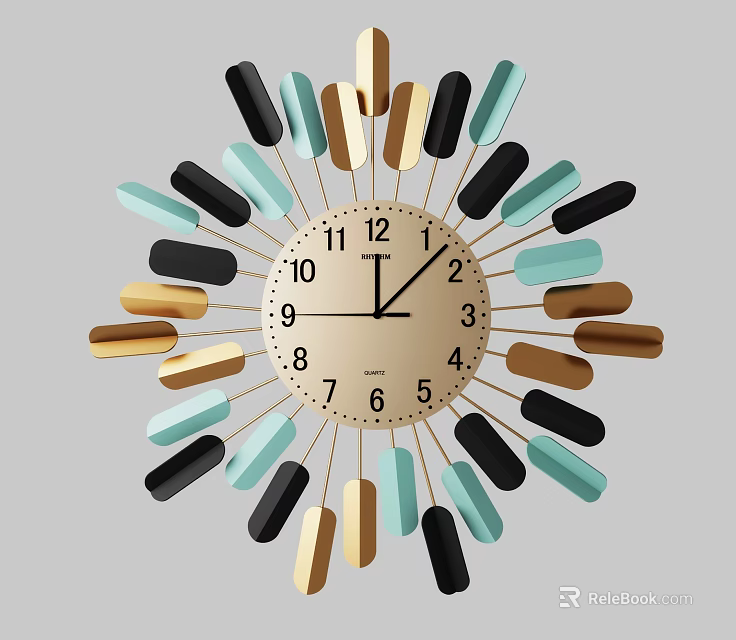 Modern Decorative Clock With Black Blue Gold Stripes And Metal Hands Numbers 3d model 