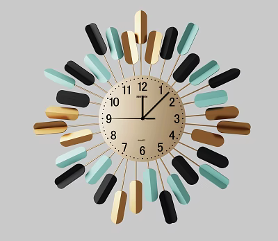 Modern Decorative Clock With Black Blue Gold Stripes And Metal Hands Numbers 3d model