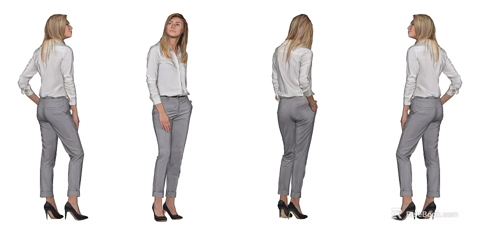 Woman In White Shirt And Gray Pants Standing In Two Angles With High Heels 3d model 