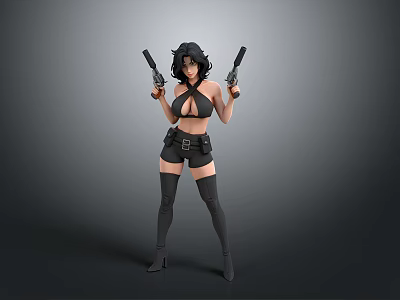 Woman Holding Two Guns Wearing Black Outfit Short Shorts and Thigh High Socks 3d model