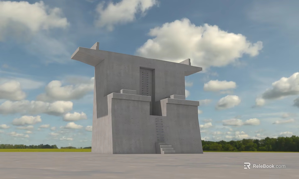 Modern Concrete Column Structure With Geometric Design Under Blue Sky And Green Grassland 3d model 